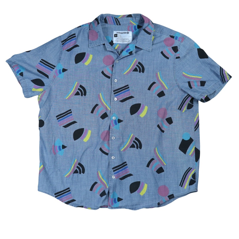 Target Take Pride Button Up Chambray Blue Short Sleeve Shirt Geometric Sz XXL